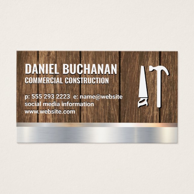 Bygg | Metallisk trä | Saw Hammer Verktyg Visitkort (Framsidan)