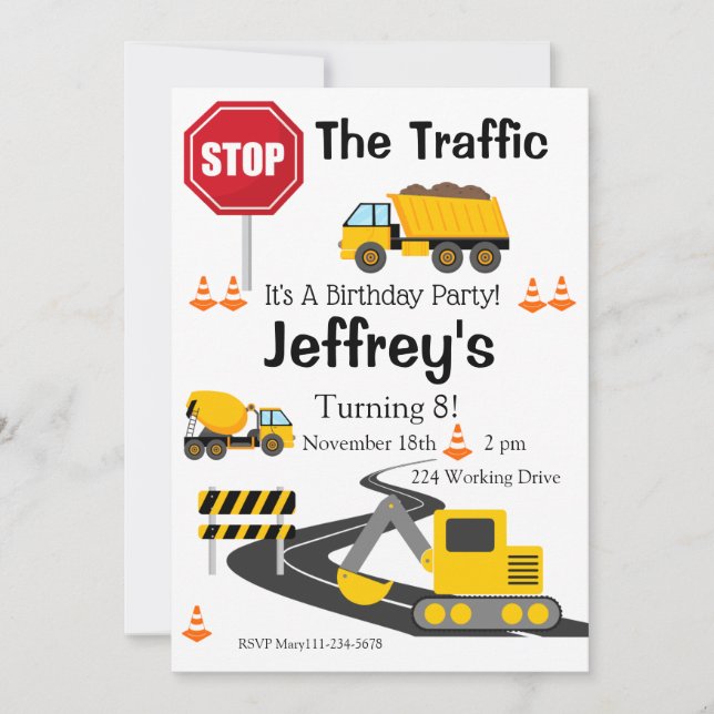 Bygg- och födelsedagsinbjudan, Bull Dozer Inbjudningar (Framsida)