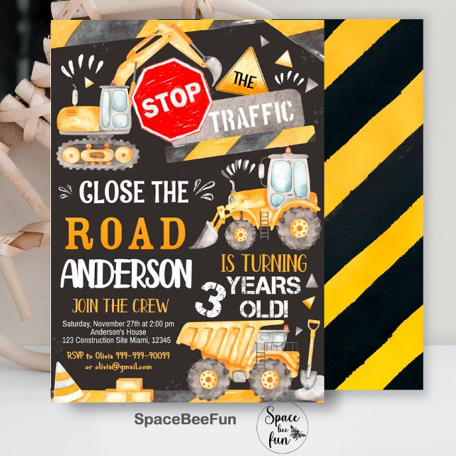 Bygg- och födelsedagsinbjudan för 3 år gammal inbjudningar (Construction Birthday invitation for 3 year old
Construction Birthday invitation for 3-year-old, con)