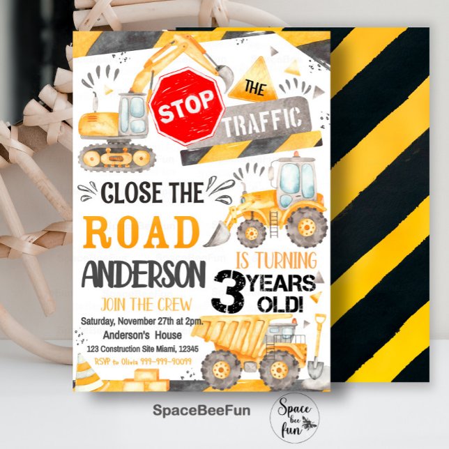 Bygg- och födelsedagsinbjudan för 3 år gammal inbjudningar (Construction invites Birthday invitation for 3-year-old construction birthday party Dump Truck Party)
