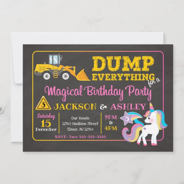 Bygg- och Unicorn Joint Birthday-inbjudan Inbjudningar (Framsida)