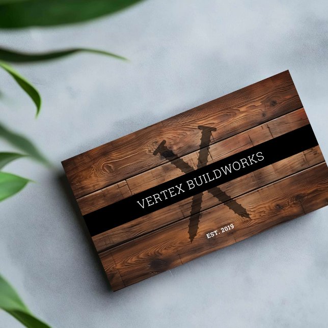 Bygg Trä Svetsar av rostfritt timmer Visitkort (Dark wood timber customizable business cards; construction builders, contractors, furniture makers.)