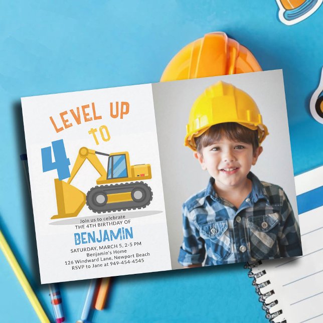 Bygg upp fotopojken 4e födelsedagen på Lastbil-niv Inbjudningar (photo construction invitation 4th birthday fourth four boys bulldozer vehicle truck personalized)