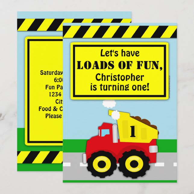 Bygga Lastbil Boys första födelsedag Inbjudningar (Fram/baksida)