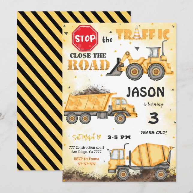 Byggande av gult och svartvitt inbjudningar (Fram/baksida)