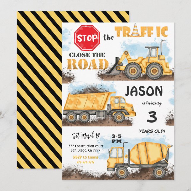 Byggande av gult och svartvitt inbjudningar (Fram/baksida)