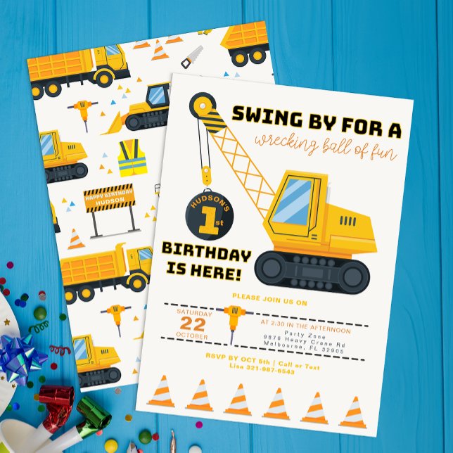 Byggande av sommardagsinbjudan - Gult Inbjudningar (Construction Vehicle Birthday Invite)