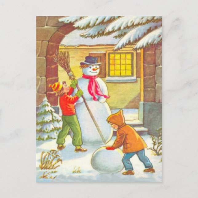 Byggande snögubbar helg vykort (Framsida)
