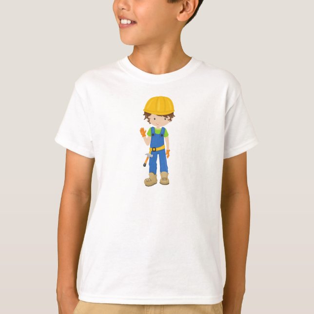 Byggarbetare, Brown Hair, Cute Boy, Hammer T Shirt (Framsida)