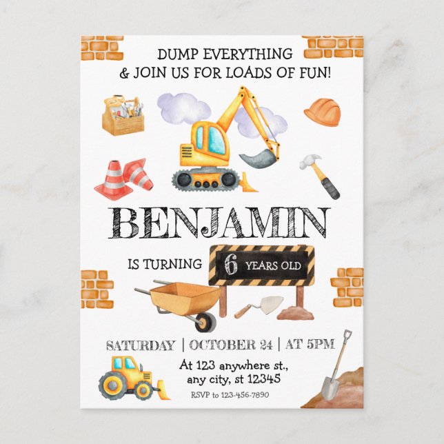 Byggarbetsplats Dippbil Grävmaskin Födelsedagsfest Vykort (Framsida)
