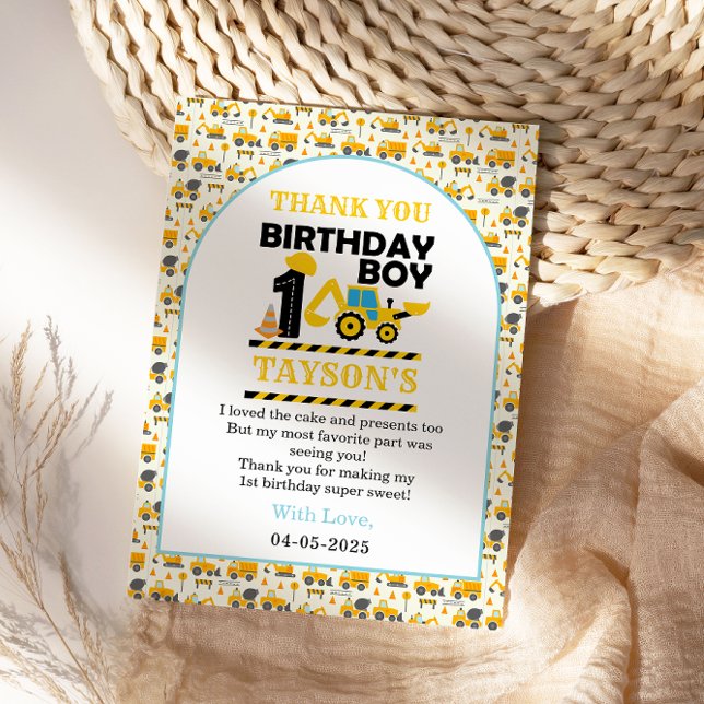 Byggarbil 1-årsdag | Barnkalas Tack Kort (Skapare uppladdad)