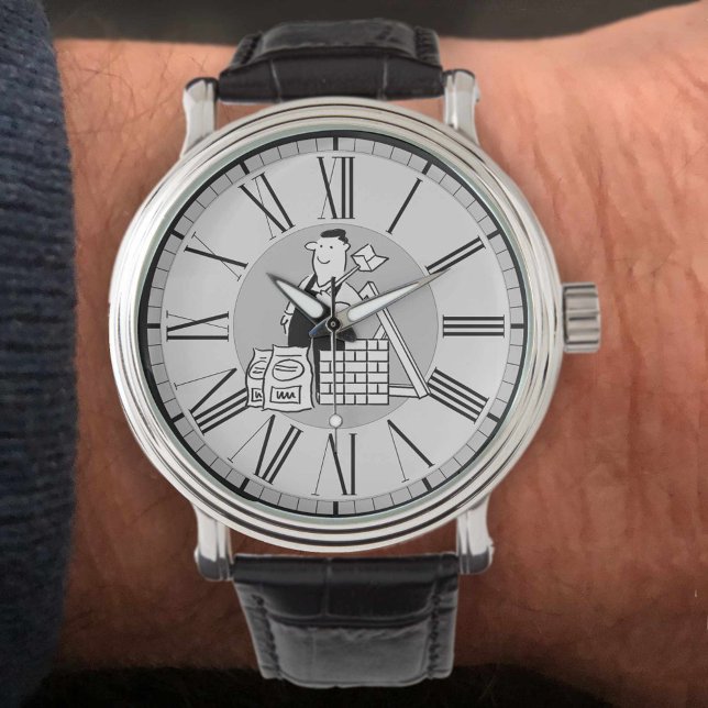 Byggare med byggmaterial runt omkring sig armbandsur (Skapare uppladdad)