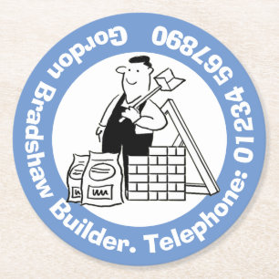 Byggaren med Byggande material. Byggnad-handel Underlägg Papper Rund