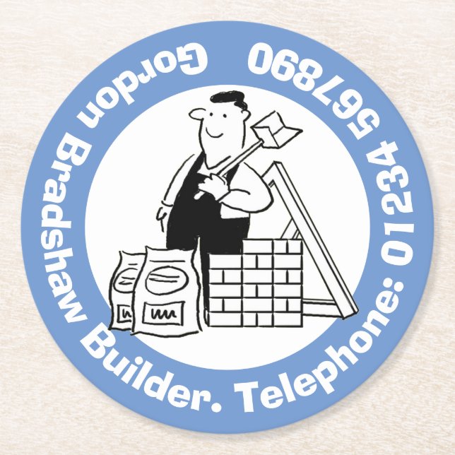 Byggaren med Byggande material. Byggnad-handel Underlägg Papper Rund (Framsidan)