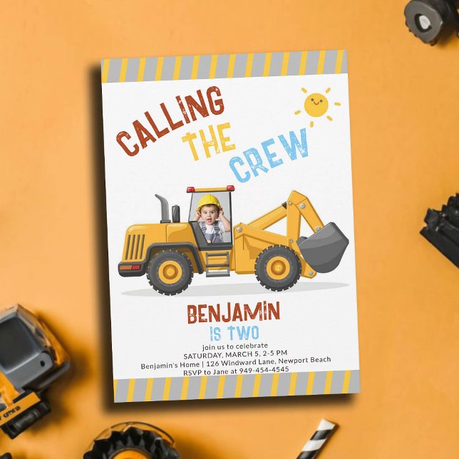 Byggbulldozer Crew Boy 2:a födelsedagsfoto Inbjudningar (photo construction birthday invitation 2 second boys bulldozer vehicle crew theme personalized)