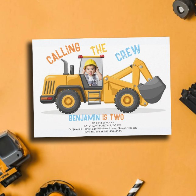 Byggbulldozer Crew Photo Boy 2:a födelsedagen Inbjudningar (photo construction invitation 2nd birthday second boys bulldozer vehicle theme personalized)
