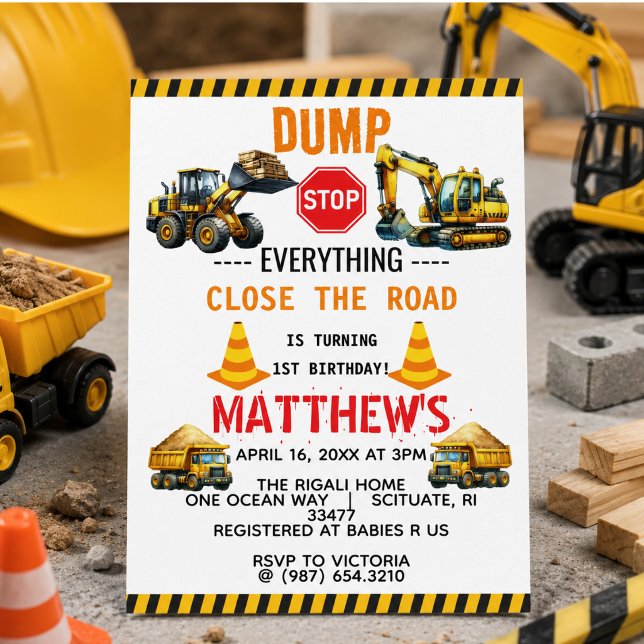 Byggdumpare 1-års födelsedagsfest inbjudningar (Construction Dump Truck 1st Birthday Party Invitation)