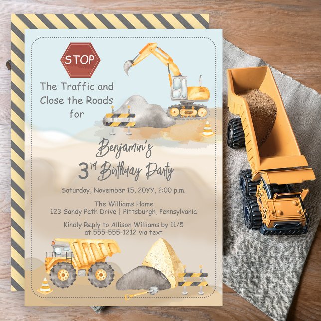 Byggdumpare Pojkens 3-års födelsedagsfest Inbjudningar (Construction Dump Truck Boy's 3rd Birthday Party Invitation)