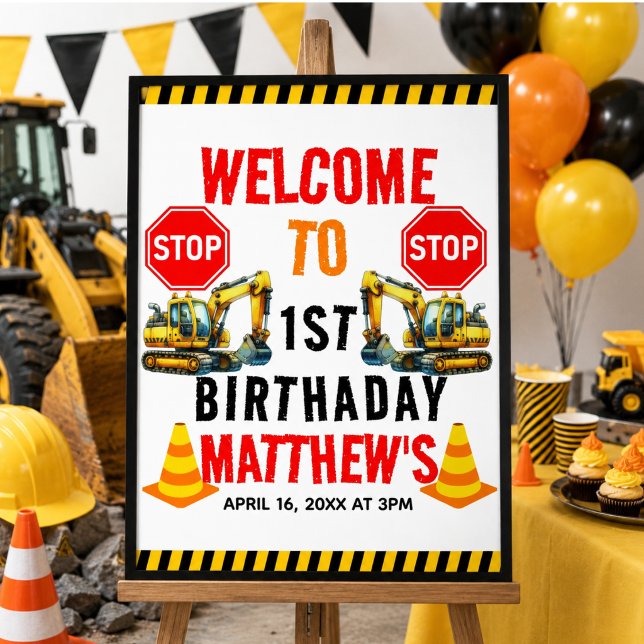 Byggdumper 1-års födelsedagsfest poster (Construction Dump Truck 1st Birthday Party Poster)
