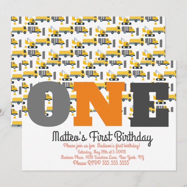 Bygge Fordon födelsedag stor en Inbjudningar (Fram/baksida)