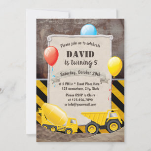 Bygge Lastbil Cement Mixer Boys Birthday Inbjudningar
