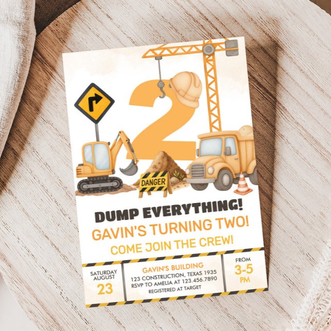 Bygge Lastbilar 2:a födelsedag Party Inbjudningar (Construction Trucks 2nd Birthday Party Invitation)