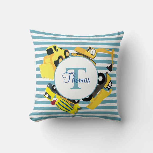 Bygge Lastbilar Blue Rand Monogram Kudde (Framsida)