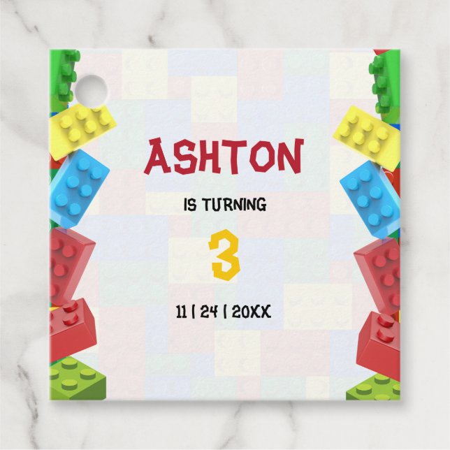 Bygger Blockerar födelsedagsinbjudan, pojkar födel Gåvor Etiketter (Framsida)