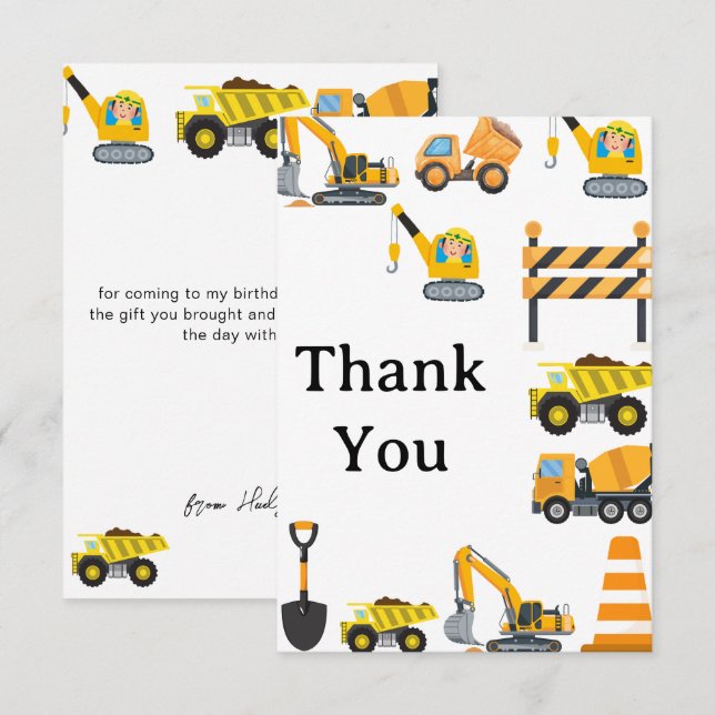 Byggfirman Temafest för Pojkar på Födelsedagen Tack Kort (Fram/baksida)