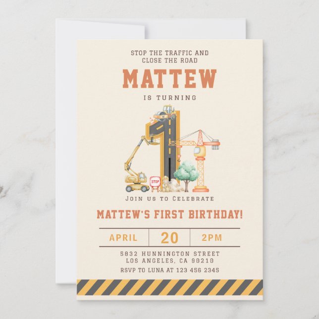Byggfordon 1-års födelsedagsinbjudan inbjudningar (Framsida)