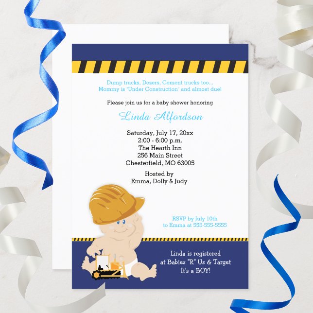 Bygghuvuden Bulldozer Cute Inbjudningar (Construction Baby Shower Invitation)