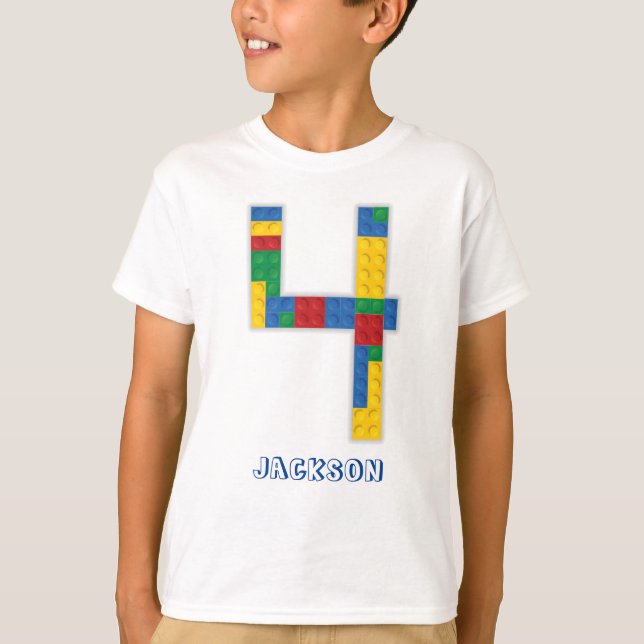 Byggnad Blocks Birthday Bricks 4 års T-Shirt (Framsida)