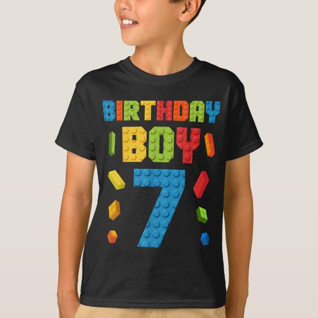 Byggnad Bricks 7:e Birthday Boy sju år T Shirt (Framsida)