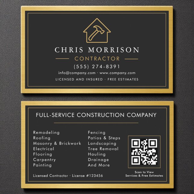 Byggnad Construction Black Guld Metall QR-kod Visitkort (Skapare uppladdad)