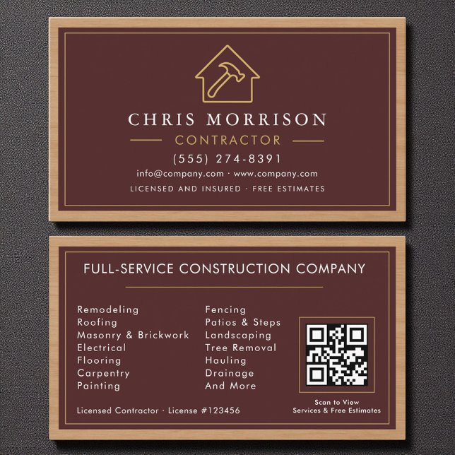 Byggnad Construction Burgundy Guld Wood QR-kod Visitkort (Skapare uppladdad)