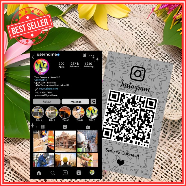 Byggnad Construction Instagram Grått QR-kod Visitkort (Skapare uppladdad)