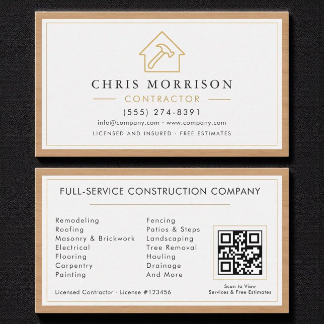 Byggnad Construction White Guld Wood QR-kod Visitkort (Skapare uppladdad)