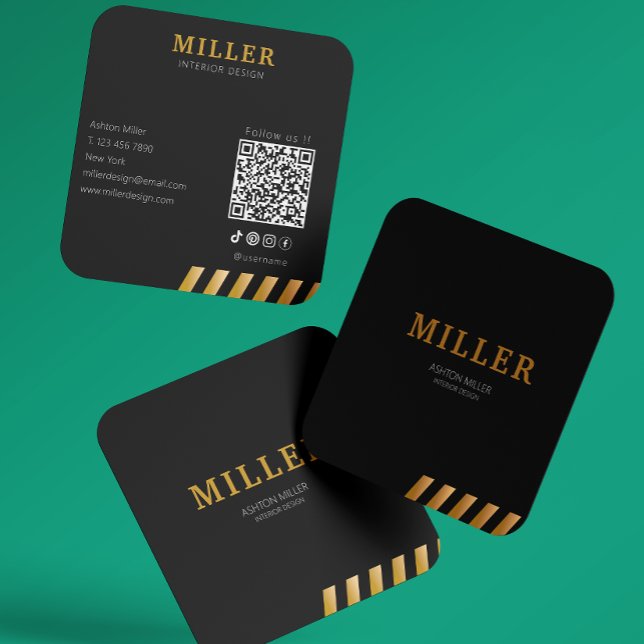 Byggnad Constructor Qr Code Black & Metallic Guld Fyrkantigt Visitkort (Building Constructor Qr Code Black & Metallic Gold Square Business Card)