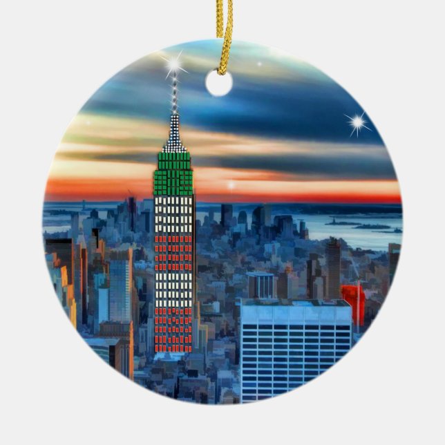BYGGNAD i EMPIRE STATE i HELGDAG LJUS Julgransprydnad Keramik (Framsidan)