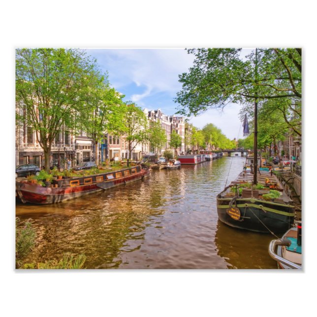 Byggnad och kanal i Amsterdam, Nederländerna Fototryck (Framsidan)