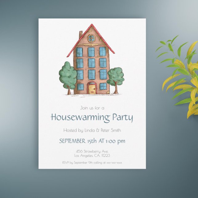 Byggnad och Träd nya hem Inbjudningar (Cute housewarming party invitation with an illustration of a building and some trees)