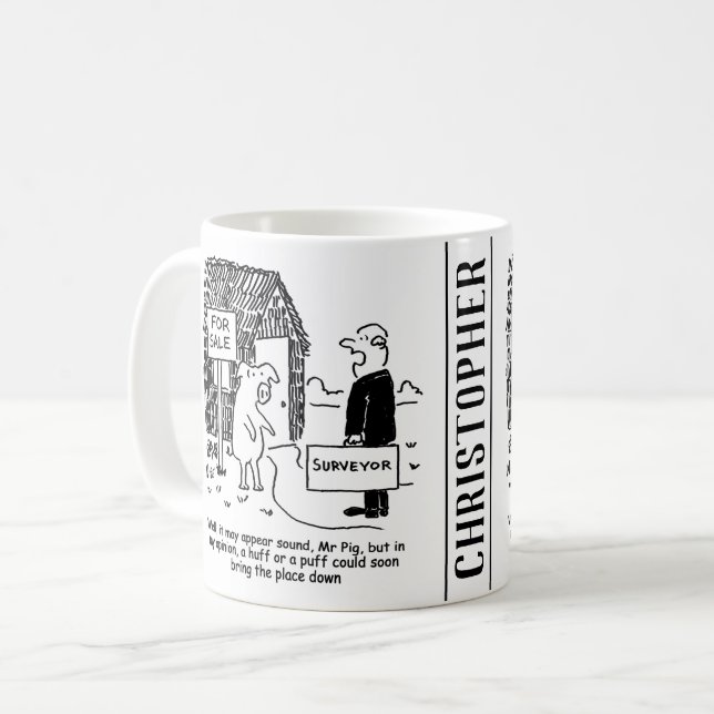 Byggnad Surveyor tittar på mr Gris stickhouse Kaffemugg (Framsida vänster)
