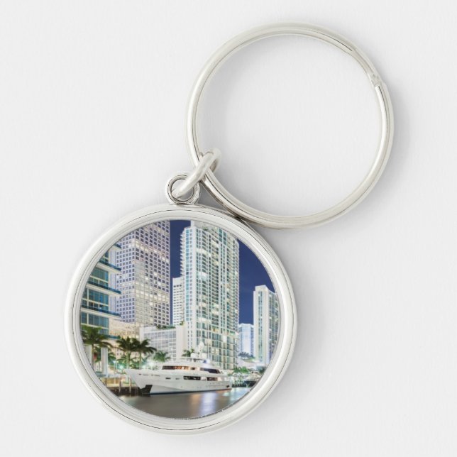 Byggnader längs den Miami floden Riverwalk Rund Silverfärgad Nyckelring (Framsidan)