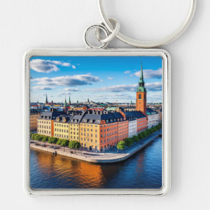 Byggnader och ikonisk kyrka i Stockholm Fyrkantig Silverfärgad Nyckelring