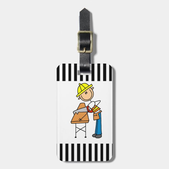 Byggnadsarbetare som sågar bråtegåvor bagagebricka (Vertikal Framsida)