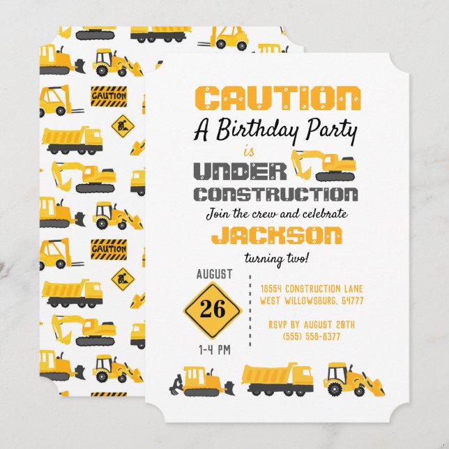 Byggnadsverk Lastbilar Födelsedagsfest inbjudan (Fram/baksida)