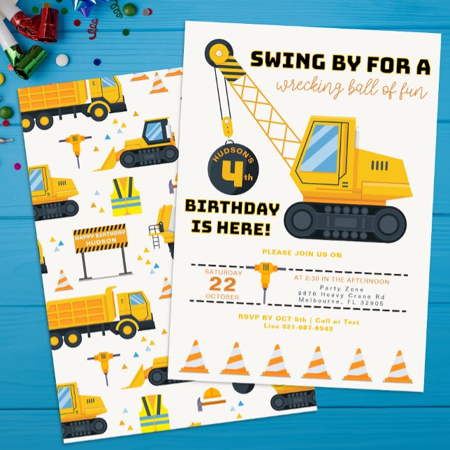 Byggnation av byggkran i 4e födelsedagen inbjudningar (Construction Vehicles Birthday Party Invite)