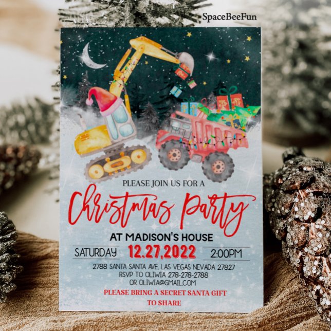Byggnation av julklapp Party Red Lastbil Inbjudningar (Christmas Party invites Red Truck Gift invitation Construction Birthday invitation Winter Christmas )