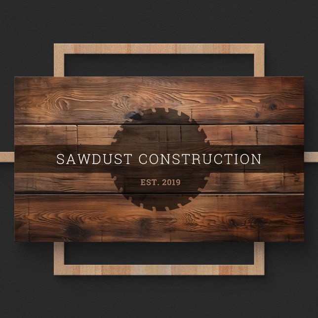 Byggnation mörk av träträ, rostfritt timmer visitkort (Front of a construction business card featuring dark rustic wooden timber and a round saw silhouette)