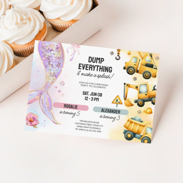 Byggnation och Sjöjungfru Syskon födelsedag Inbjudningar (Kids Joint Birthday Invite - Mermaid & Construction)